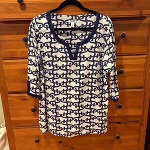 Navy and Cream Patterned Blouse